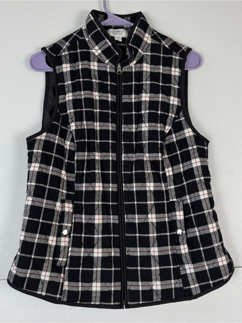 Croft & Barrow Petite Vest Womens PS Black White Red Plaid Full Zip, Pockets